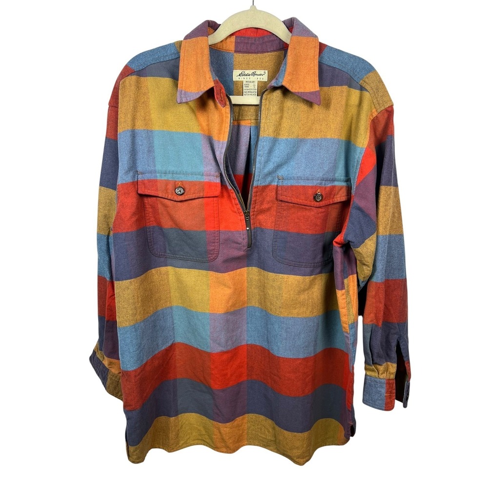 Vintage Eddie Bauer Cotton Pullover Color Block Quarter Zip Flannel Shirt Large